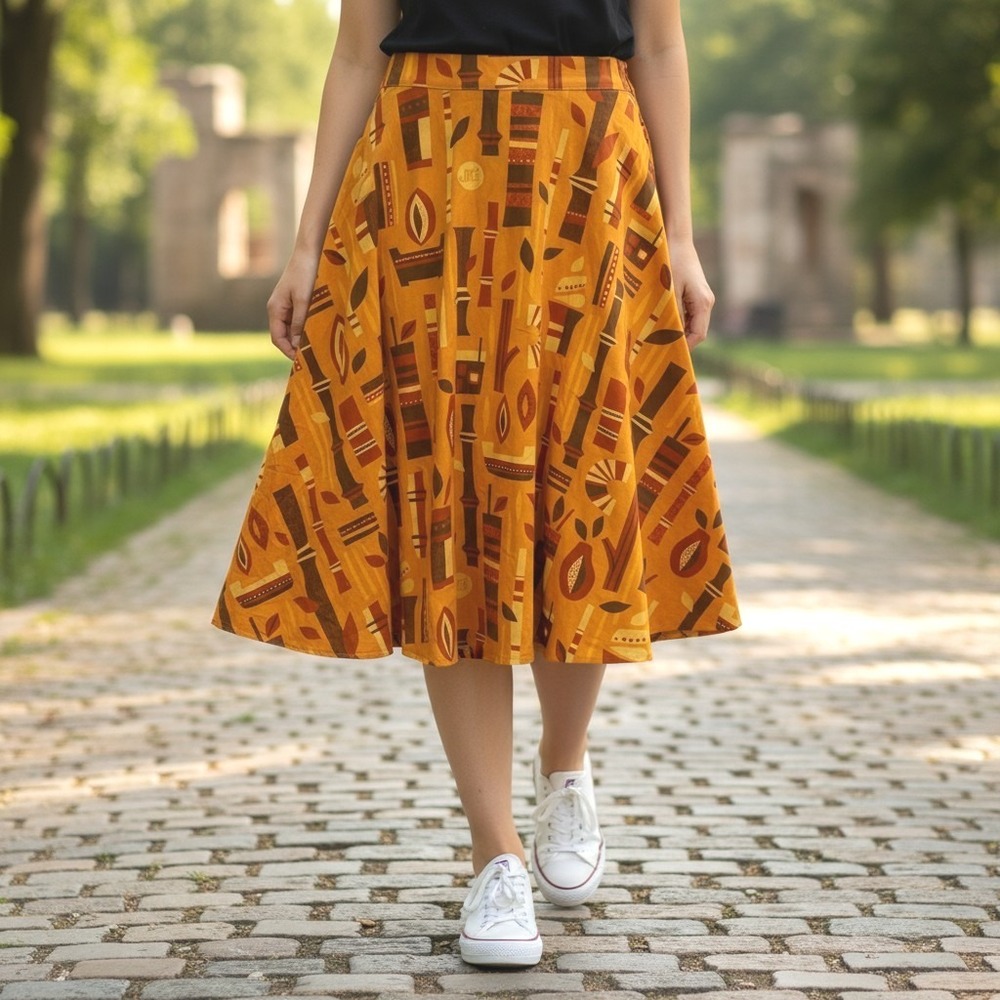Rum Trader by Jeff Granito Skirt XL Orange Brown‎ Abstract MCM Print Hippie